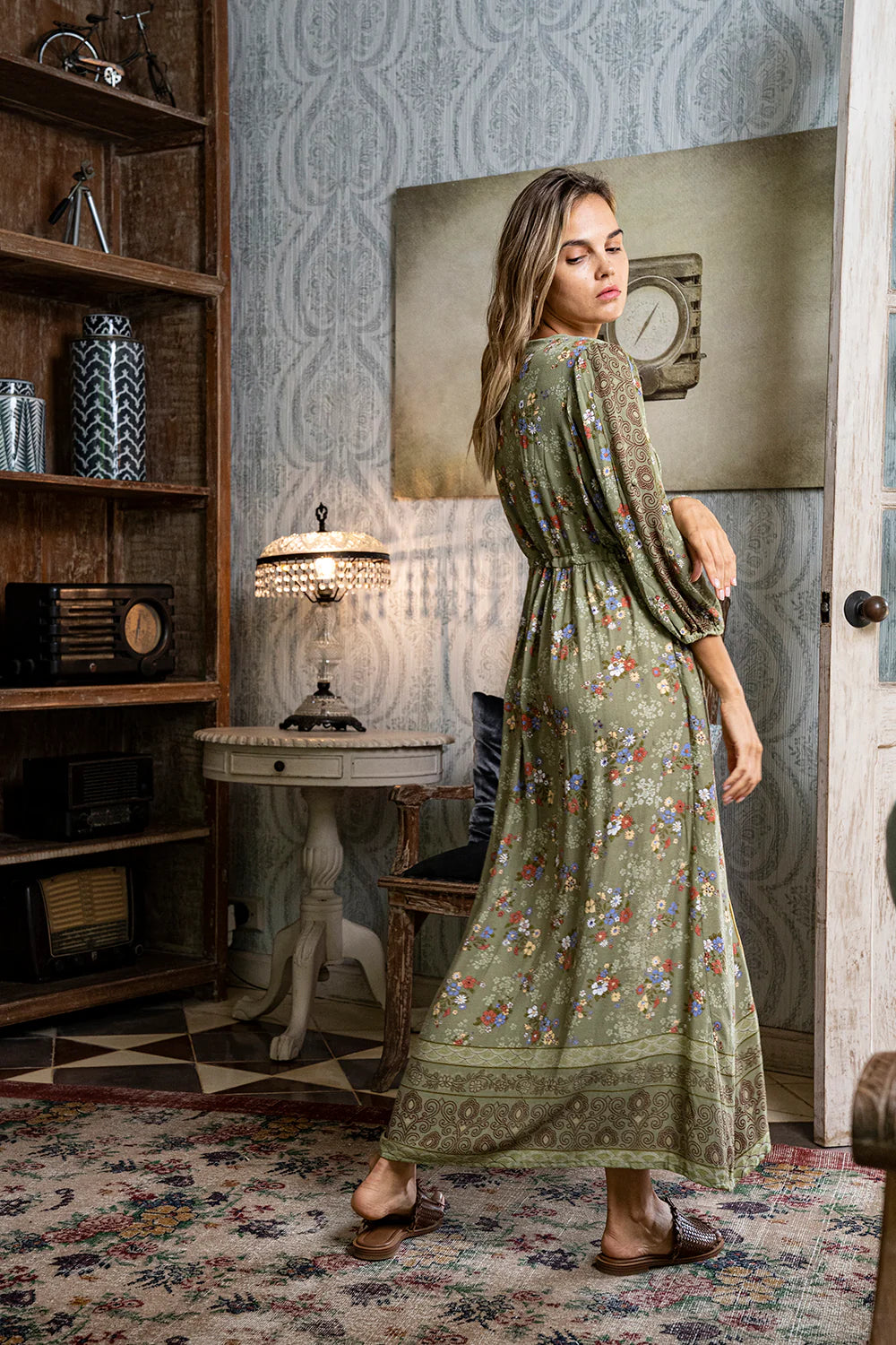 olive boho dress Joyfolie Women's Gia Maxi Dress in Green | Boho Maxi Maxi Dress