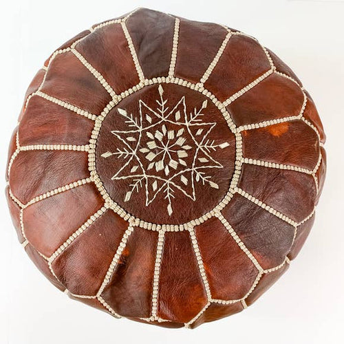 Round Moroccan Leather Pouf  | Chestnut