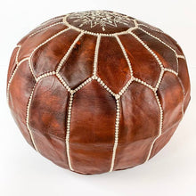 Round Moroccan Leather Pouf  | Chestnut