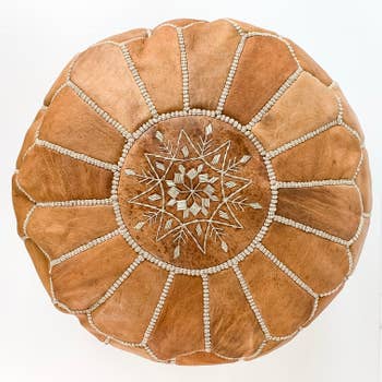 Round Moroccan Leather Pouf  | Tan
