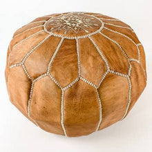 Round Moroccan Leather Pouf  | Tan